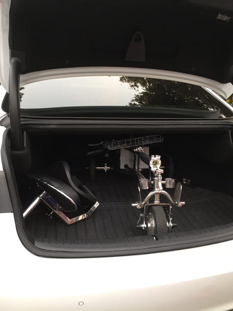 A folding mobility scooter fits easily in the trunk of a car